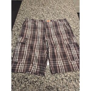 Michael Brandon Mens Plaid Cargo Shorts‎ Brown White Cotton Size 36 MXC0512